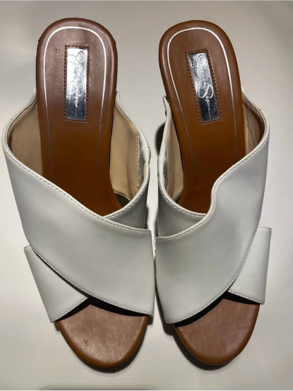 Jessica Simpson White Leather Wedge Slide Sandals with Wood-Look Platform